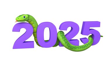 Güzel yeşil yılanlı 3D mutlu yıl 2025 kartı. Numaralı yılan çizgi film karakteri. 3d oluşturma