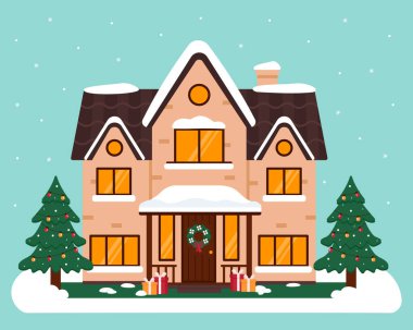 Süslü Noel ağaçları ve beyaz kar taneleri olan kış evi. Samimi bir evin, yazlığın resmi. Vektör