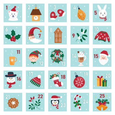 Noel Baba, hayvanlar, kardan adam, hediyeler, zencefilli kurabiye ve dekoratif balolarla dolu şirin karakterlerin olduğu bir Noel takvimi. Geri sayım tatil takvimi. Vektör illüstrasyonu