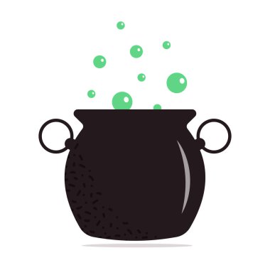 Tencerede yeşil zehir. Siyah bir kazanda kaynayan ürkütücü sihirli bir çorba. Cadılar Bayramı. Vektör illüstrasyonu