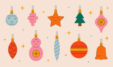 Güzel Noel süsleri seti. Pembe, mavi ve yeşil renkli renkli parlak Noel ağacı topları. Vektör illüstrasyonu