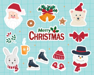 Noel süsleri, bayram hediyeleri, kışlık giysiler ve ayakkabılar, zencefilli ekmek, sıcak içecekler, hediyeler ve tatil karakterleri. Vektör illüstrasyonu