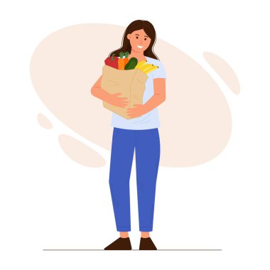 Şirin bir kadın poşet dolusu yiyecek taşıyor. Süpermarkette ya da markette alışveriş yapma kavramı. Vektör illüstrasyonu