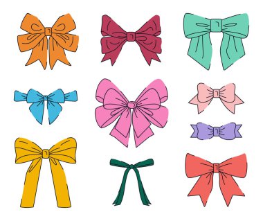 Dekorasyon için şirin fiyonklar. Beyaz arka planda izole edilmiş kurdeleler. Kızlar için moda aksesuarları. Sevimli bağcıklı kurdele koleksiyonu. Vektör illüstrasyonu