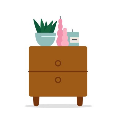 Yanında çiçek ve kokulu mumlar olan bir komodin. İç dizayn. Vektör illüstrasyonu