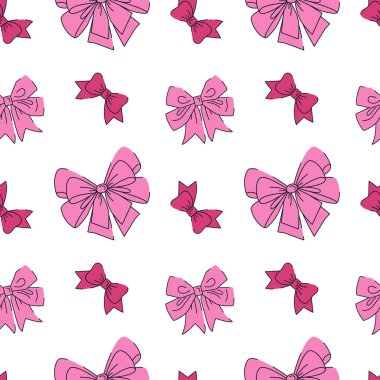 Şirin pembe fiyonklar, kravatlar, hediye fiyonkları. Kusursuz desen. Duvar kağıdı, web sayfası arkaplanı ve yüzey dokuları için kullanılabilir. Vektör illüstrasyonu