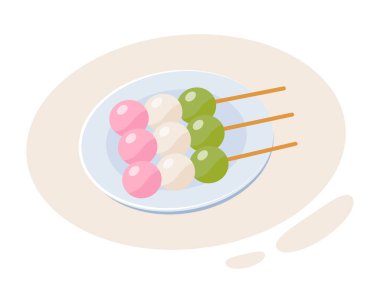 Geleneksel Japon tatlısı Dango. Tabakta Hanami Dango tatlısı. Pankart, poster, restoran menüsü için tasarım öğesi. Vektör illüstrasyonu