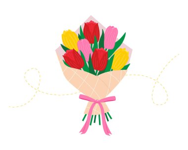 Bahar laleli çiçek buketi. Bahar çiçekçisinin tatil kompozisyonu. Tebrik kartı, davetiye ve çıkartmalar için tasarım ögesi. Vektör illüstrasyonu