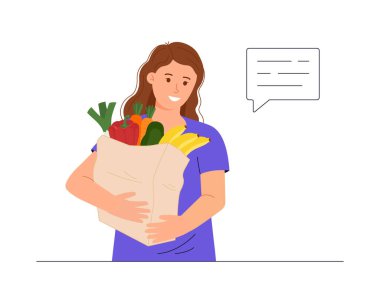 Şirin bir kadın elinde poşet dolusu yiyecek tutuyor. Süpermarkette ya da markette alışveriş yapma kavramı. Çevre dostu kavram. Vektör illüstrasyonu