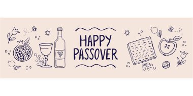 Hamursuz Bayramı kartı, afiş, poster. Yahudi tatili. Hamursuz Bayramı şablonu. Matza, bir şişe şarap, elma, nar, fındık, bahar çiçekleri. Hamursuz Bayramın kutlu olsun. Vektör 