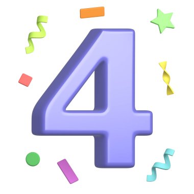 Arka planda konfeti olan 4 numaralı mor. Dört numara. Tebrik kartları, afişler, el ilanları, kartpostallar, doğum günü kutlaması tasarımları için uygun. 3d oluşturma