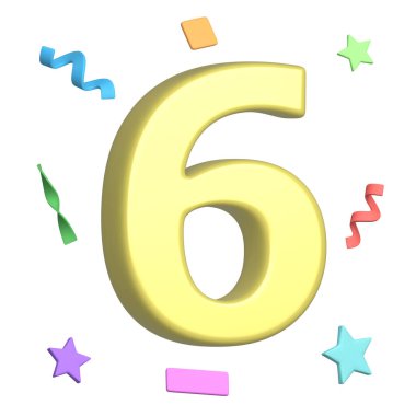 Arka planda konfeti olan sarı 6 numara. Altı numara. Tebrik kartları, afişler, el ilanları, kartpostallar, doğum günü kutlaması tasarımları için uygun. 3d oluşturma