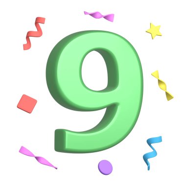 Yeşil numara 9, arkasında konfeti var. Dokuz numara. Tebrik kartları, afişler, el ilanları, kartpostallar, doğum günü kutlaması tasarımları için uygun. 3d oluşturma