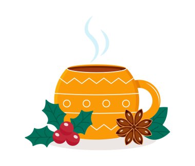 Bir fincan sıcak çay. Soyut tasarımı olan sarı kupa. Seramik sofra takımı. Baskı için güzel tasarım. Vektör illüstrasyonu 