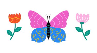 Kelebek, parlak renkli, çiçekli bir siluet. Geometrik elementlerle soyut desen. Zarif uçan böcek. Vektör illüstrasyonu