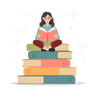 Kitap yığınının üzerinde oturup kitap okuyan tatlı bir kadın. Kitapçı, kütüphane, kitap sever, eğitim kavramı. Dünya Kitap Günü. Vektör illüstrasyonu