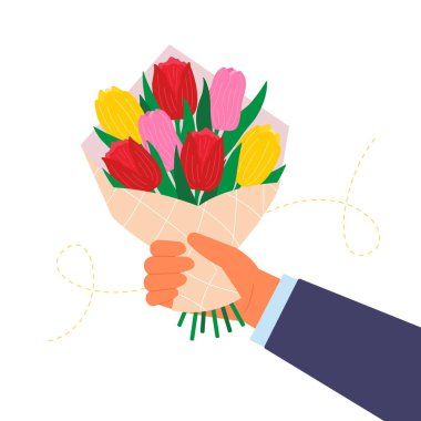 Bahar lalelerinin çiçek buketini tutan el ele. Bahar çiçekçisinin tatil kompozisyonu. Tebrik kartı, davetiye ve çıkartmalar için tasarım ögesi. Vektör illüstrasyonu