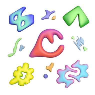 Bir dizi farklı renkli soyut figür. Moda tarzında, ses ölçüsü figürleri. 3d oluşturma