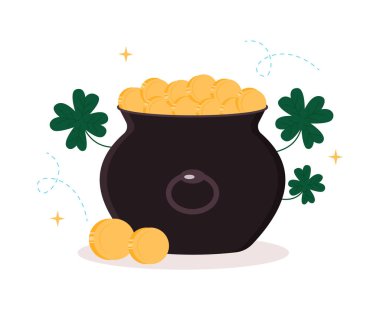 Altın sikke ve yonca yapraklı tencere beyaz arka planda izole edilmiş. Vektör illüstrasyonu