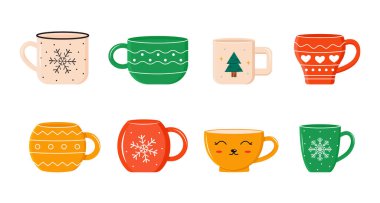 Farklı bardaklar ve kupalarla şirin bir set. Çay, kahve, kapuçino ve diğer içecekler için bardaklar. Mutfak eşyaları. Vektör illüstrasyonu