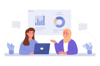 İş arkadaşları birlikte çalışıyor. İş projesinde birlikte çalışan çalışanlar, masada oturanlar. Ofiste takım çalışması. Vektör illüstrasyonu 