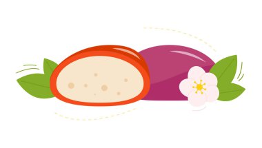 Mochi. Farklı dolgularla renklendirilmiş mochi. Geleneksel Japon tatlı tatlısı. Mochi. Fasulye ezmeli pirinç unu topu. Asya tatlı yemekleri. Vektör illüstrasyonu