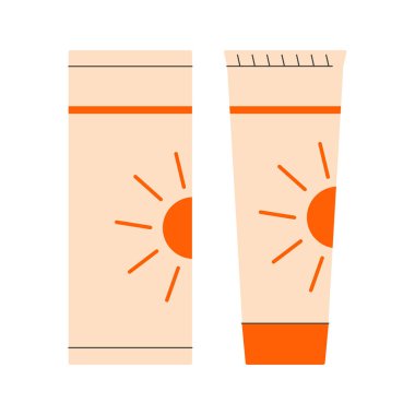 Güneş kremi tüp içinde, ikon. Yaz kozmetik ürünleri ve cilt bakımı. Güneş kremi, cilt koruma ürünü. Vektör illüstrasyonu