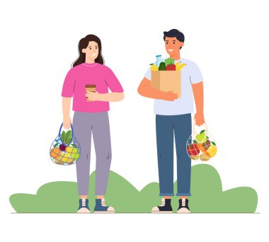 Genç kadın ve erkek süpermarketten ya da marketten alışverişlerle dönüyorlar. Çevre dostu kavram. Sağlıklı beslenme konsepti. Vektör illüstrasyonu