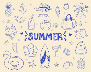 Yazın karalama tarzında elementler. Tropikal meyve ve kokteyl çizimleri, flamingo, plaj çantası, mayo, güneş kremi ve seyahat veya tatil için diğer öğeler. Vektör illüstrasyonu