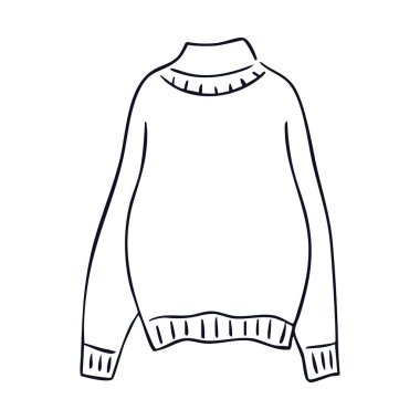 Süveter. Sade bir örgü süveterin basit bir çizgisi çizimi. Kış ya da sonbahar moda tasarımları, giysi şablonları ya da sıcaklıkla ilgili kavramlar için mükemmel. Vektör illüstrasyonu