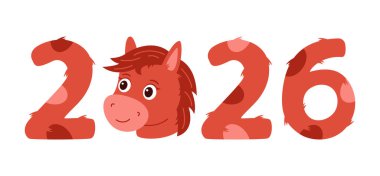 At 2026 yılının yılbaşı kartı şablonu. Zodiac hayvan çizgi film karakteri. Vektör illüstrasyonu