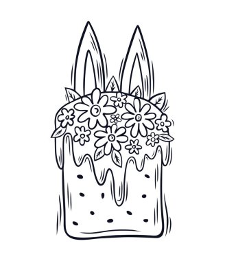 Easter cake with white icing, decorated with flowers and leaves. Traditional Easter baking. Element for poster, flyer, postcard, cover, advertising design. Vector illustration in doodle style