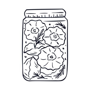 Canned zucchini or pumpkins in doodle style. Cooking with vegetables, pickled zucchini and pumpkins. Vector illustration
