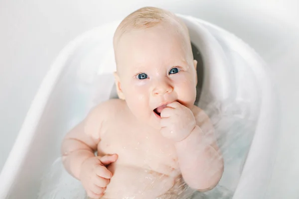 Cute Baby Girl Taking Bath Child Health Care Funny Bathtime — Stock Photo, Image