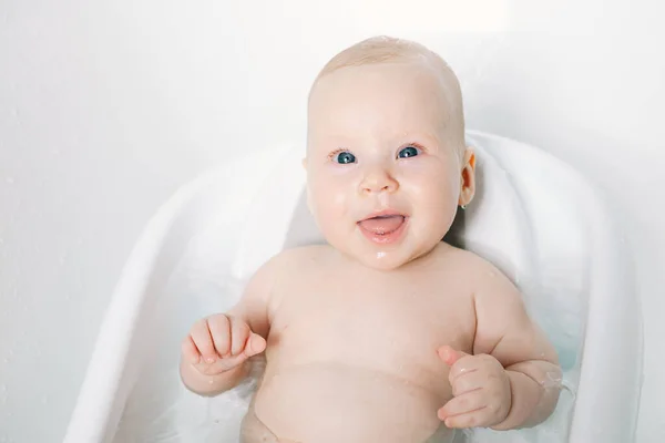 Cute Baby Girl Taking Bath Child Health Care Funny Bathtime — Stock Photo, Image