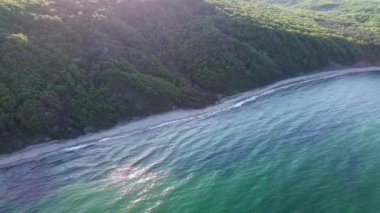 A wild empty sandy beach between a rocky sharp large ledge, covered with green fresh new vegetation, and a deep calm cool Black Sea under a clear blue sky. UHD 4K video realtime