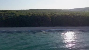 A wild empty sandy beach between a rocky sharp large ledge, covered with green fresh new vegetation, and a deep calm cool Black Sea under a clear blue sky. UHD 4K video realtime