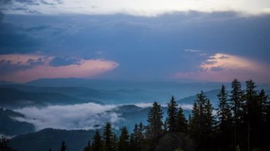 Cloudy weather over low hills covered with spruce evergreen forests in Rhodope Mountains against backdrop of dark sky, and mystical thick white fog between mountain ranges. UHD 8K video timelaps