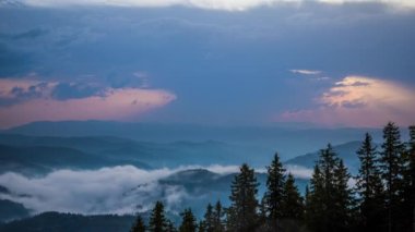 Cloudy weather over low hills covered with spruce evergreen forests in Rhodope Mountains against backdrop of dark sky, and mystical thick white fog between mountain ranges. UHD 4K video timelaps