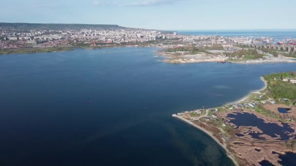 Dark Blue Black Sea Washes Industrial Sea Resort Town Wide — Stock Video