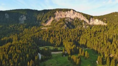 Green spring mountain valley sheltered by mountain vegetation and spruce dark forests with small old village of Smolyan, with grassy meadows where hungry motley sheep graze. UHD 4K video realtime
