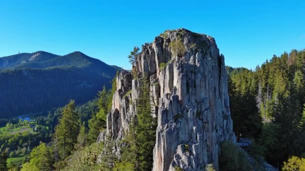 緑豊かな植生に覆われたロープ山脈の高い岩の山の範囲は 山の谷の背景にトウヒの森と青い曇天で覆われている Uhd 4Kビデオリアルタイム — ストック動画