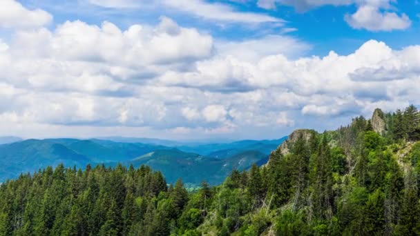黒トウヒの森と青い空に覆われた山の谷を背景に 植生に覆われたロドープ山脈の高い岩の野生の山の範囲 Uhd 4Kビデオ タイムラプス — ストック動画