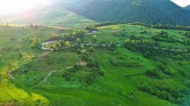 Dönen asfalt bir dağ yolu yüksek yeşil tepeleri geçer ladin ormanları ile kaplı ve taze bahar geniş çayırları bulutlu gri sınırsız gökyüzüne karşı. UHD 4K video gerçek zamanlı