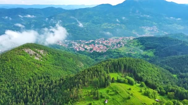 View High Rock Old Village Town Smolyan Green Meadows Cattle — Video Stock