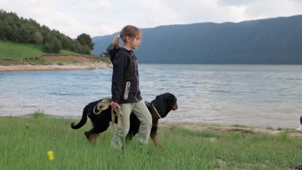 小女孩站在她那只名叫罗特韦勒的大狗身边 它生活在草地上 旁边是高山植被 旁边是清澈的小湖 旁边是低丘陵地带的云杉林 Uhd Video慢动作4K — 图库视频影像