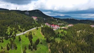 Dönen asfalt bir dağ yolu yüksek yeşil tepeleri geçer ladin ormanları ile kaplı ve taze bahar geniş çayırları bulutlu gri sınırsız gökyüzüne karşı. UHD 4K video gerçek zamanlı