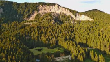 Green spring mountain valley sheltered by mountain vegetation and spruce dark forests with small old village of Smolyan, with grassy meadows where hungry motley sheep graze. UHD 4K video realtime