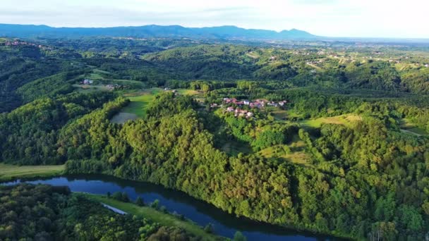 Wąska Spokojna Rzeka Kupa Płynie Pomiędzy Zielonymi Lasami Liściastymi Chorwacji — Wideo stockowe