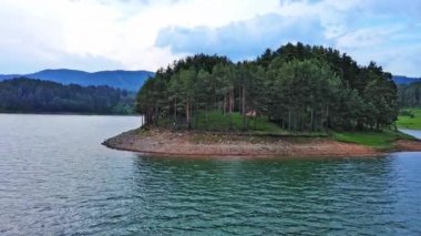Small blue reflecting lake and clear cool water with stone narrow wild shore in coniferous spruce forest with tall fir trees, against pale blue daytime cloudy sky. UHD 4K video realtime